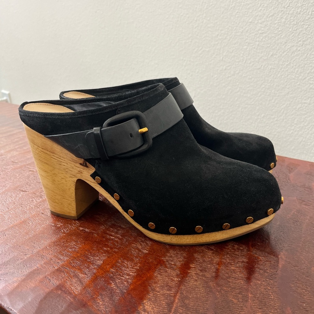 Veronica Beard Dacey Suede Mule Clogs Black boho retro wooden heel Sz 11